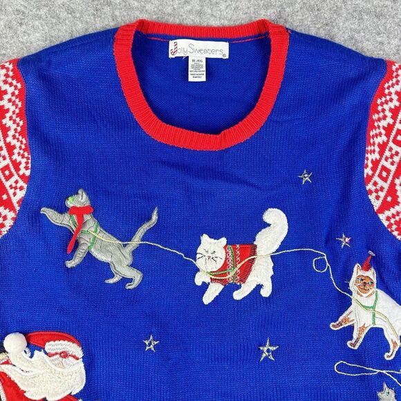 Jolly Sweaters Ugly Christmas Fair Isle Cats Adult XL Blue Red Stars Lights Up* - Picture 2 of 12